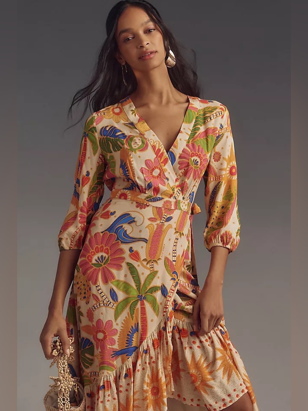 Farm Rio / Jungle Floral Print High-Low Wrap Dress - Sz. L - NWT